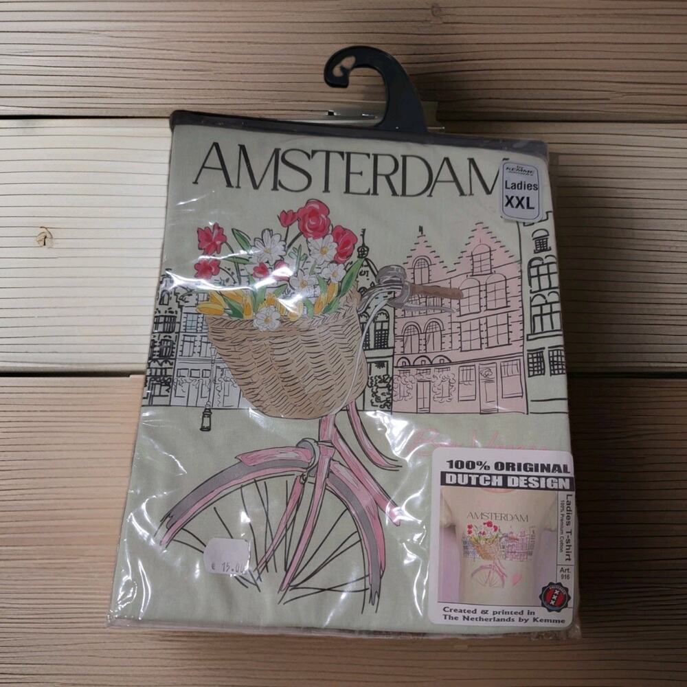 Amsterdam Graphic T-Shirt Womens Size 12 XXL NIP Floral Bicycle Kemme Dutch Tee